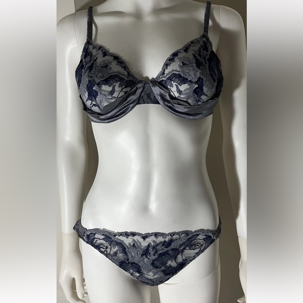 NWT La Perla Floral Sheer Lace Blue Balcony Bra (36C) & Thong (38) Set